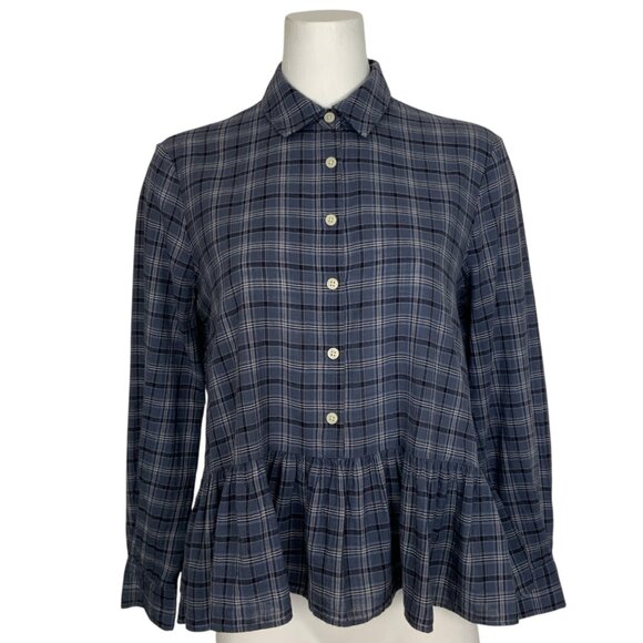 The Great The Ruffle Oxford Shirt 0 Blue Library Plaid Long Sleeve Peplum Cotton - Picture 1 of 14